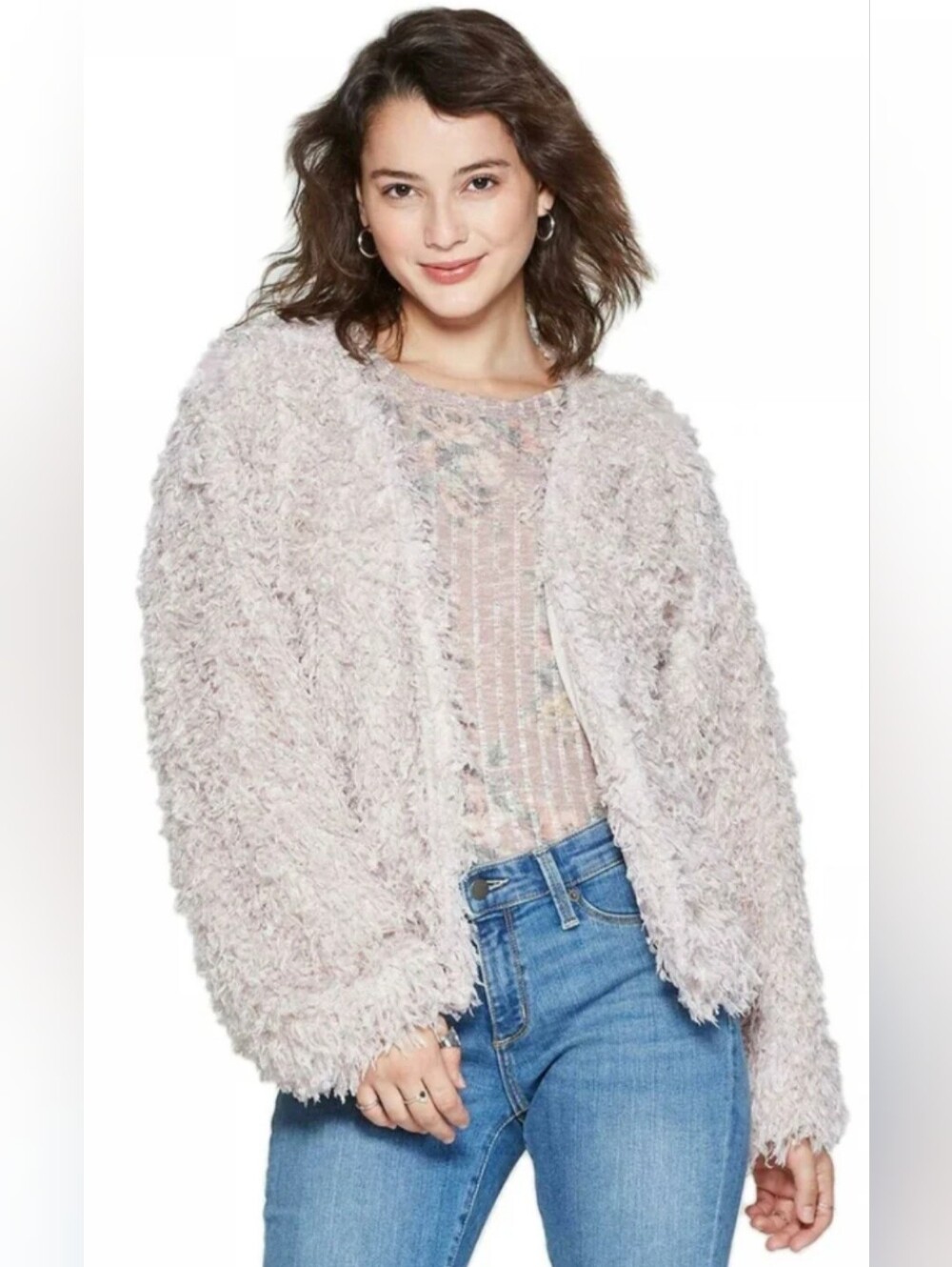 Xhilaration Shaggy Faux Fur Open Front Jacket Mauve Gray EUC Size Large